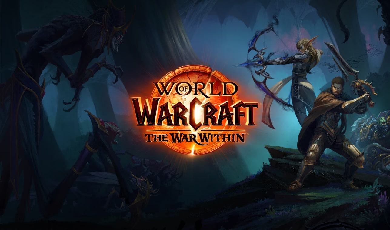 Cover image of "World of Warcraft: The War Within" showcasing the game title at the center. The background highlights fantasy characters like an elf with a bow, a warrior with a sword, and dark, monstrous figures lurking in a mystical forest setting from the new expansion.