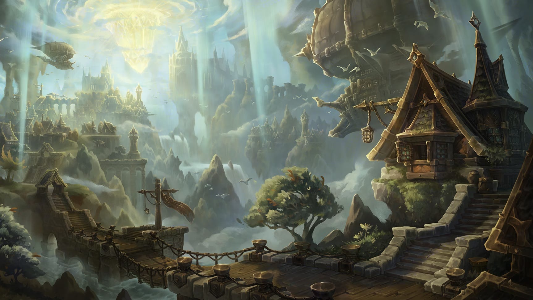 A fantastical landscape reminiscent of World of Warcraft, featuring a floating city with airships and towering structures. Majestic waterfalls cascade down rocky cliffs, creating misty surroundings. In the foreground, quaint wooden houses and a stone bridge overlook a surreal, luminous sky.