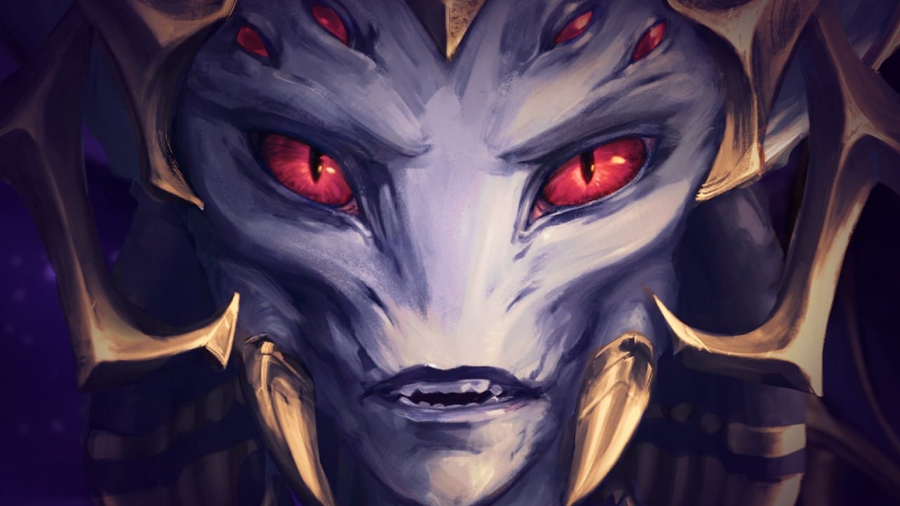 A detailed close-up of an alien creature with a pale, textured face and intense red eyes. It has a stern expression and wears ornate, golden armor. The background is dark, adding to the mysterious and somewhat ominous atmosphere reminiscent of World of Warcraft: The War Within.