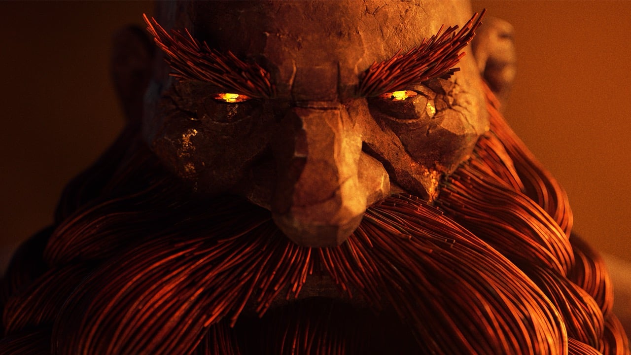 A digital rendering of a menacing, bearded figure with glowing orange eyes reminiscent of a character from World of Warcraft: The War Within. The rough, stone-like textured face and fire-red beard and eyebrows stand out against a fiery, warm gradient background, enhancing the intensity and intimidation in his expression.