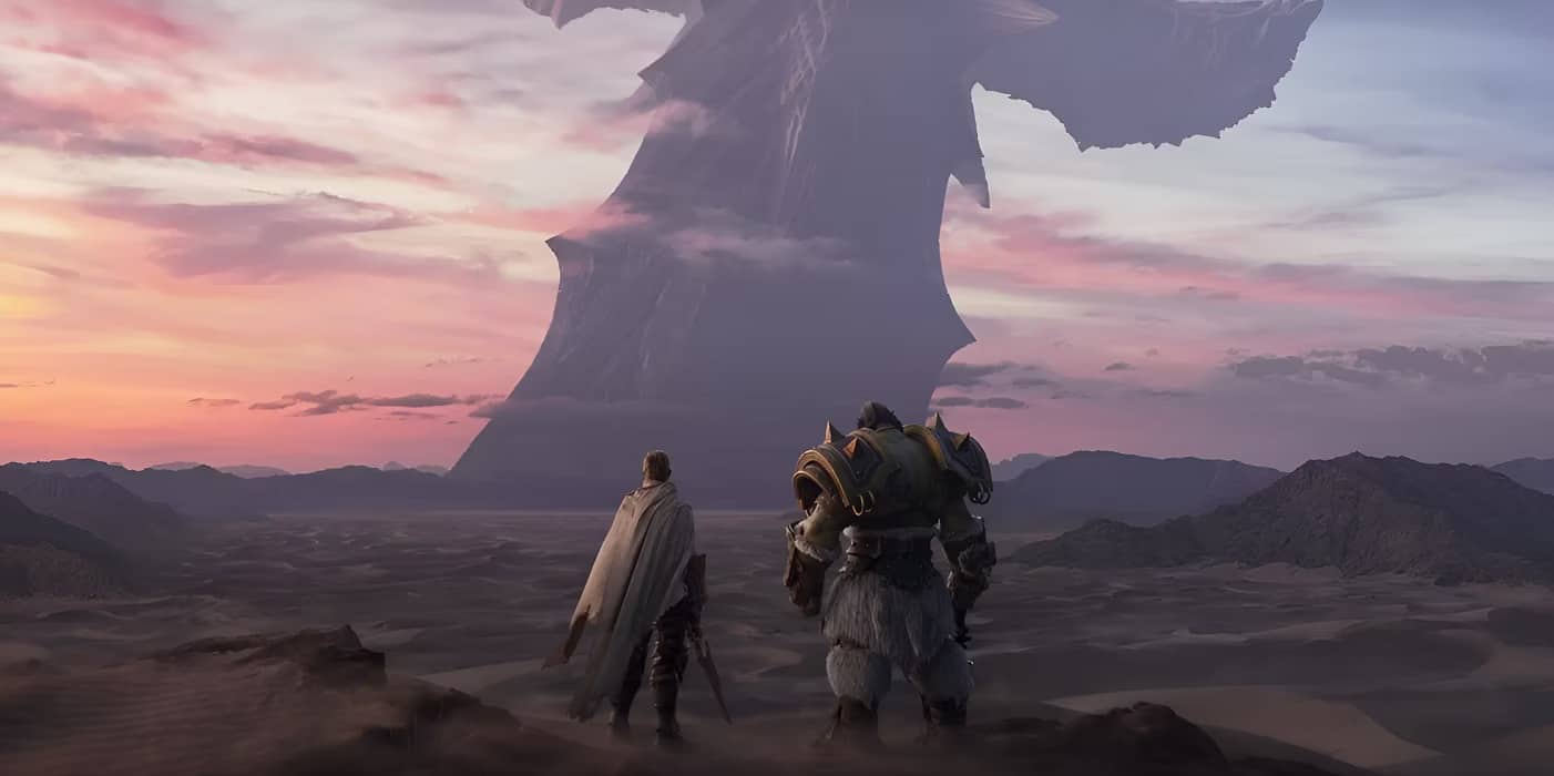 Two armored characters stand on a rocky terrain, gazing at a massive, tree-like structure looming in the distance. The sky is painted in pastel hues of sunset, creating a dramatic backdrop. Rocky mountains and a barren landscape extend into the horizon, hinting at the new World of Warcraft expansion, The War Within.