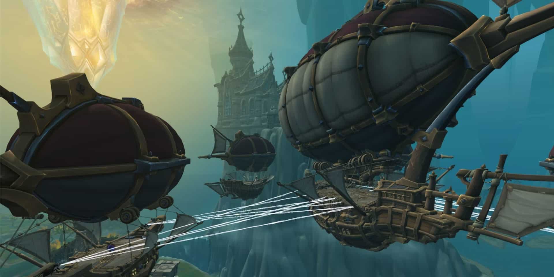 An animated scene from the New Expansion of World of Warcraft: The War Within, showcasing a fantasy world with large airships suspended mid-air. The airships have intricately designed hulls and large balloon-like structures keeping them afloat. In the background, a grand castle is perched on a floating island under a glowing sky.