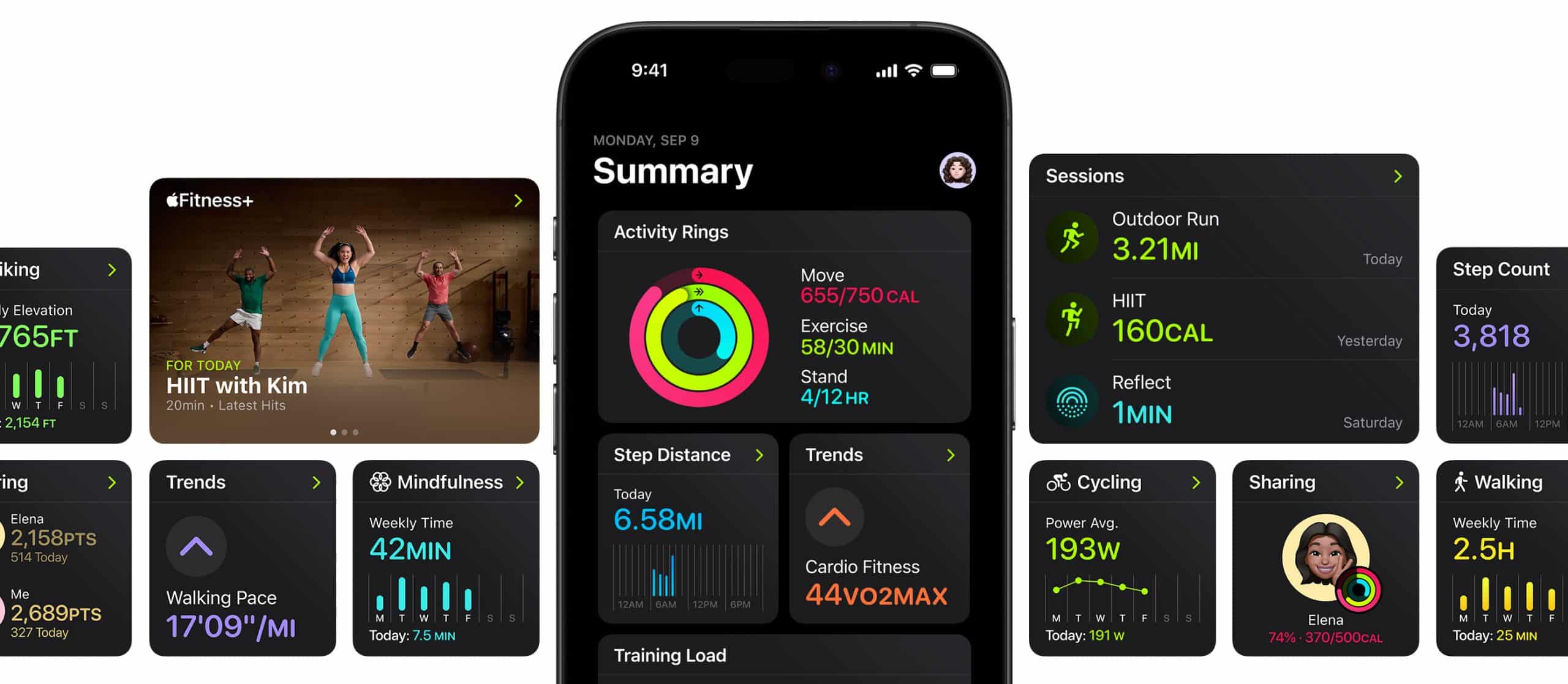 A smartphone screen displays the Apple Fitness app's summary, including Activity Rings, step distance, trends, and various workout statistics such as HIIT, mindfulness, cycling, running, and more. Additional info panels surround the phone screen.