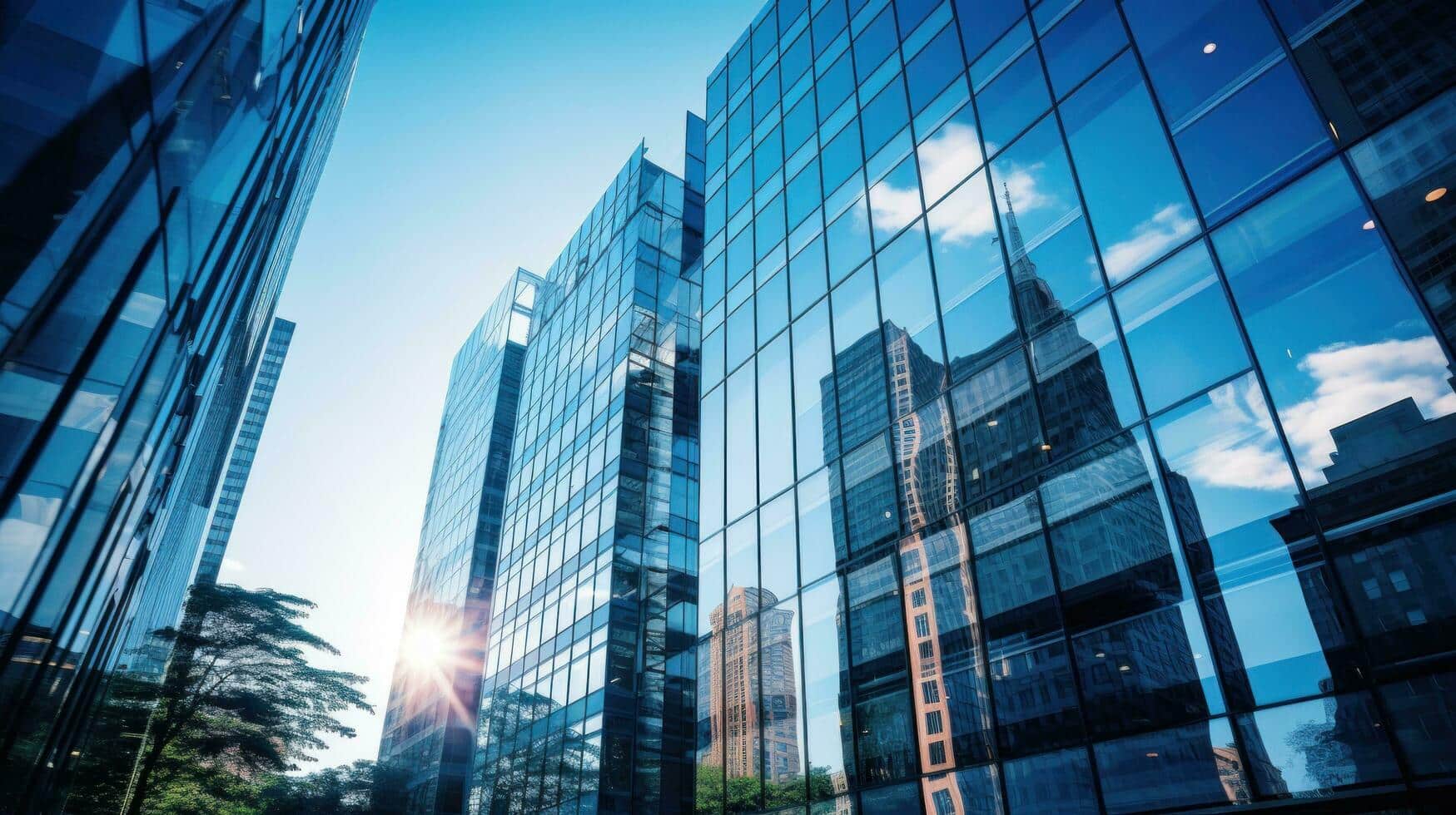 Tall glass skyscrapers reflecting a clear blue sky and other buildings dominate the scene, home to large enterprises optimizing operational efficiency. The sun peeks between the structures, casting a glimmer on the glass surfaces. Trees at the base of the buildings hint at an urban park area.