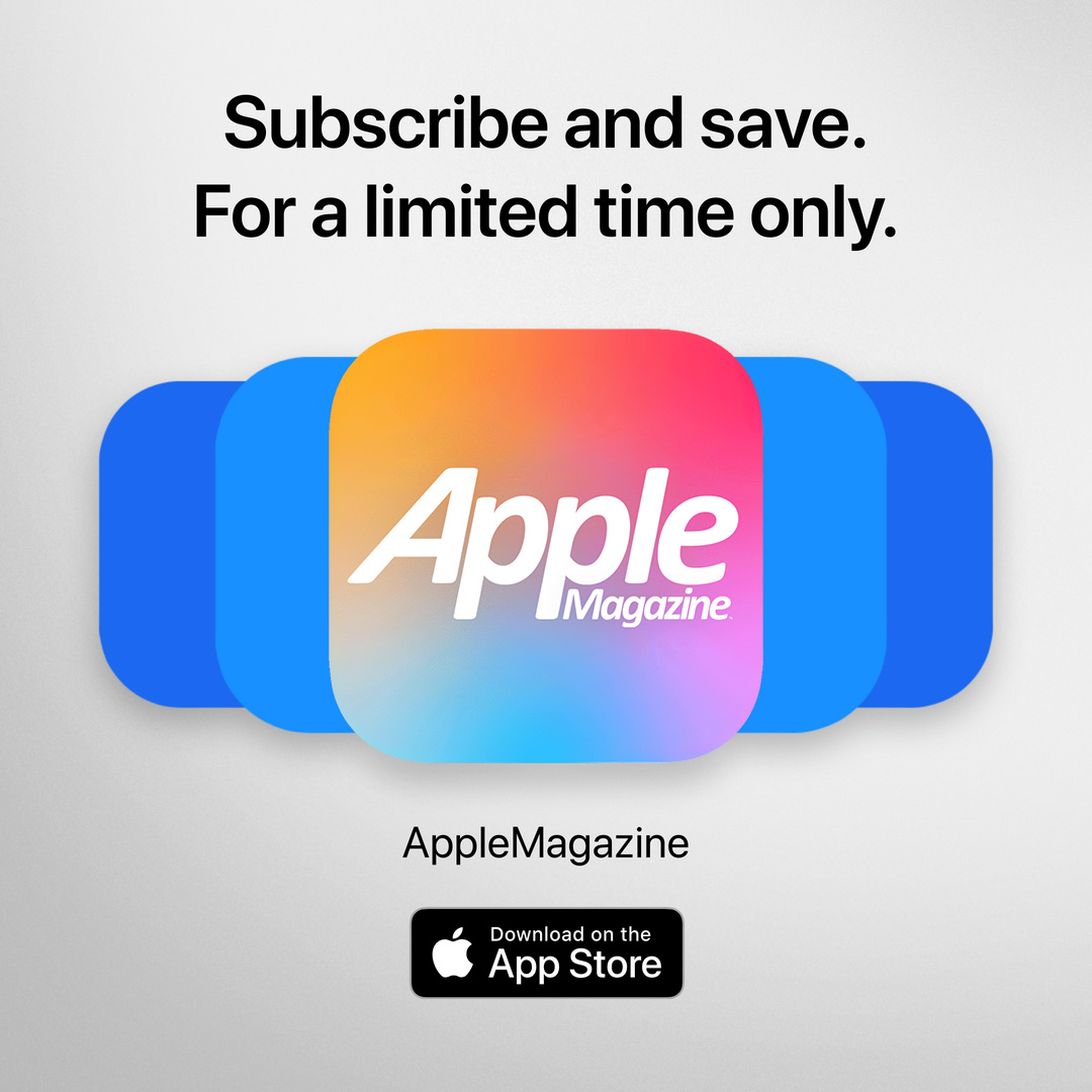 AppleMagazine App - Subscribe and Save | Image promoting AppleMagazine subscription. Text reads: "Subscribe and save. For a limited time only." Below, overlapping blue and multicolored app icons bearing the "AppleMagazine" logo are displayed. "AppleMagazine" is shown above an "App Store" download button. White background.