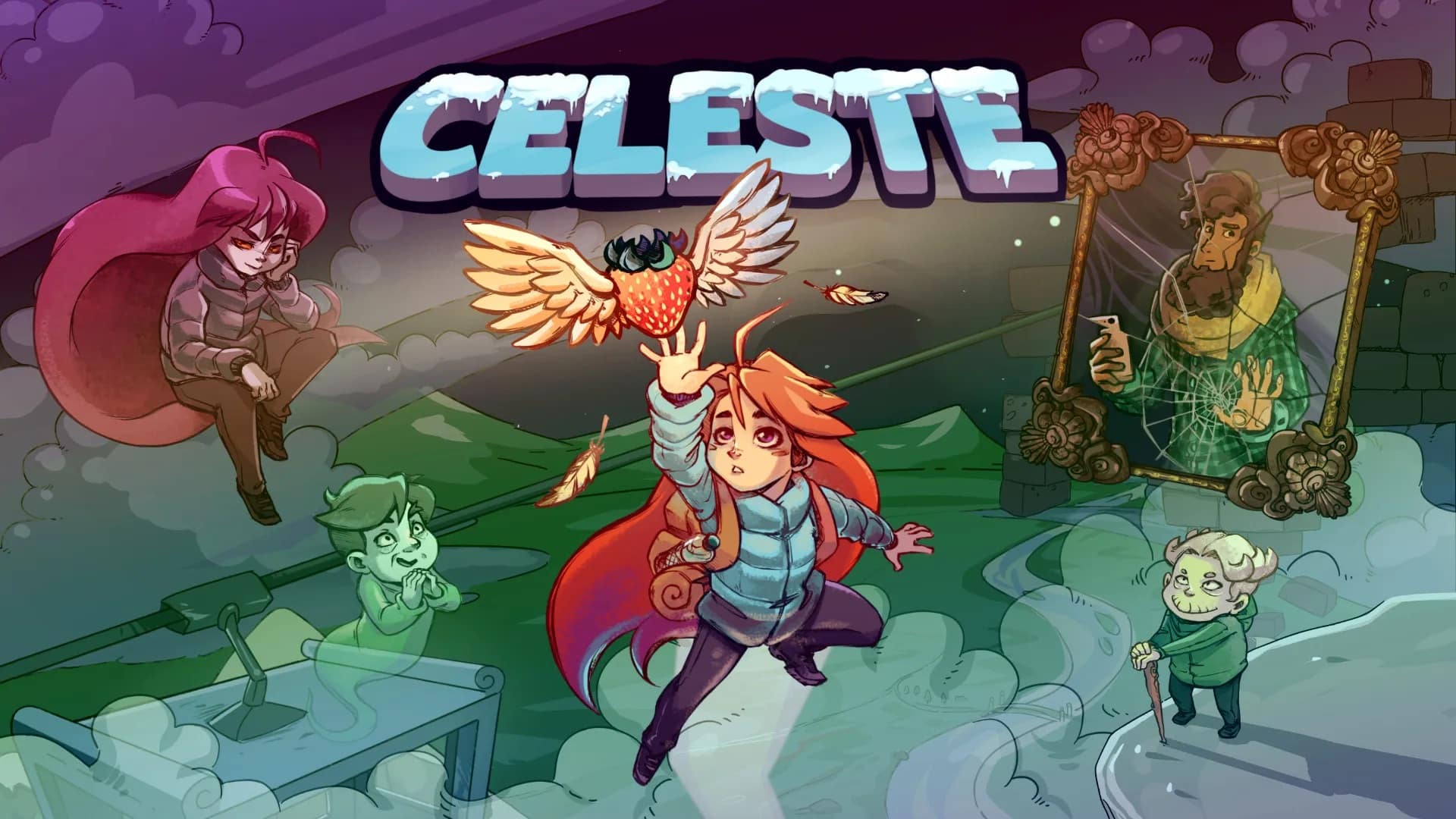 A vibrant illustration from the video game "Celeste," one of the most-played games on Mac, features the red-haired protagonist reaching for a winged strawberry. Surrounded by spectral characters and a weathered mirror with a reflected figure, "Celeste" is prominently displayed above—a must-see for Mac gamers.