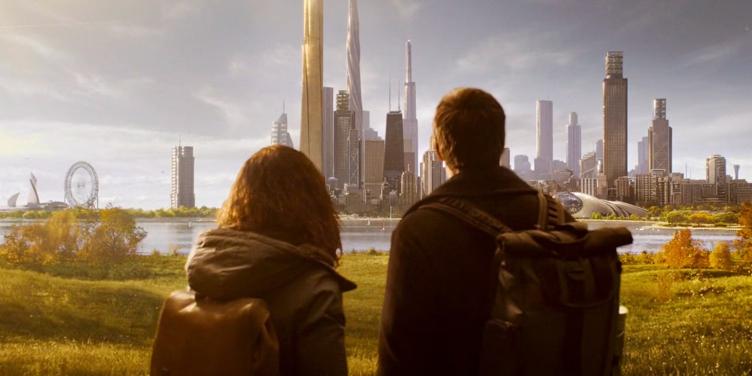 Two people with backpacks stand on a grassy hill, looking across a river towards a futuristic city skyline with tall skyscrapers, a large Ferris wheel, and modern architectural structures. The sun is low, casting a warm glow over the scene, reminiscent of the captivating visuals in Dark Matter Season 2.