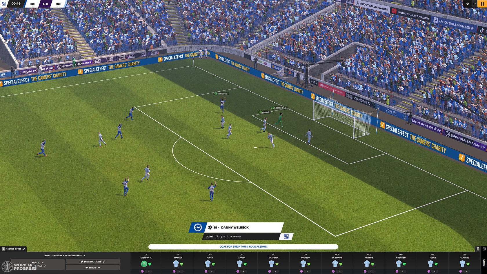 A virtual soccer game screenshot shows a player about to take a corner kick. The stadium is filled with cheering fans, and players are positioned in the penalty area. Various game interface elements are visible, including player names, a timeline, and stats at the bottom—a favorite among Mac Gamers.