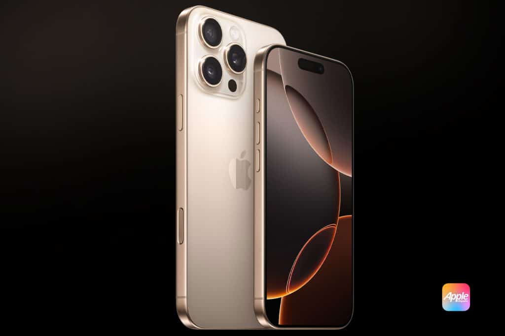 The image shows two iPhones in gold finish. One is viewed from the back displaying three camera lenses and the Apple logo, while the other is viewed from the front displaying the screen with an abstract design. An Apple logo sits at the bottom right corner.