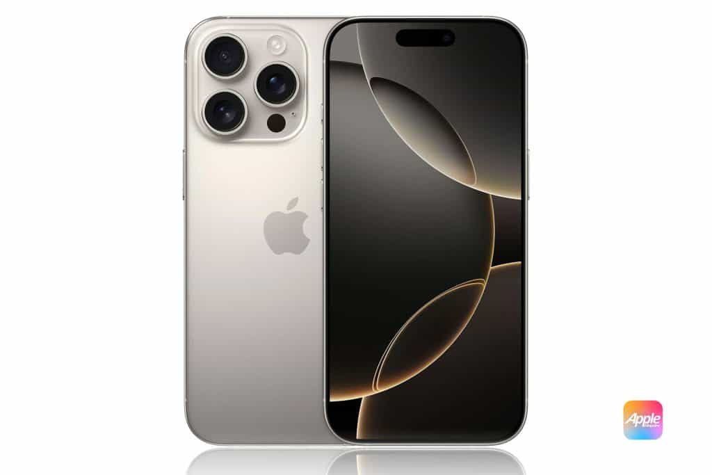 iPhone 16 Pro"A gold iPhone with a smooth, minimalist design. The back showcases three camera lenses and an Apple logo. The front screen is turned on, displaying an abstract wallpaper. The AppleMagazine logo and text are at the bottom right corner.