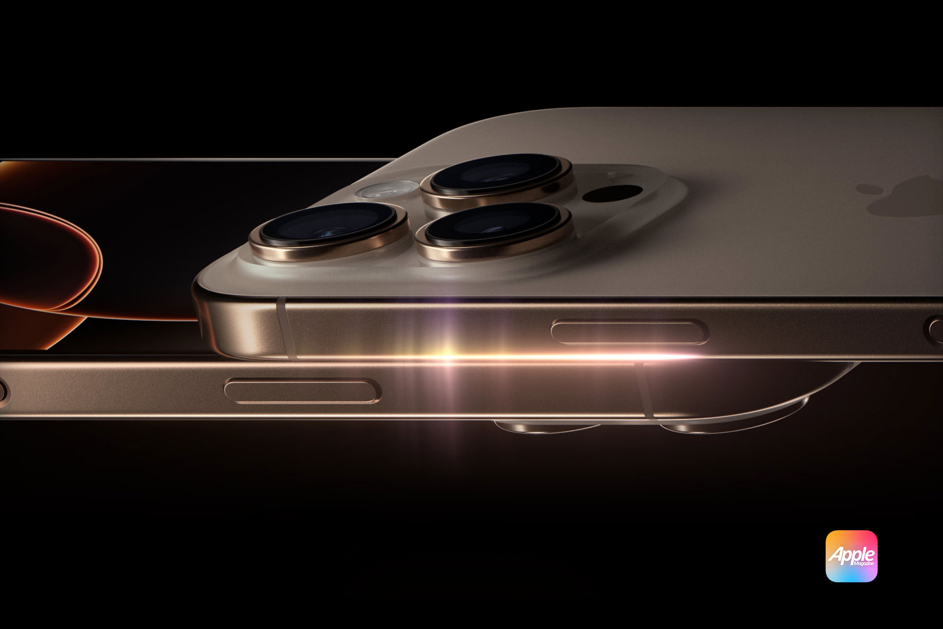 Close-up image of a smartphone with a sleek, metallic finish showing the side profile and rear camera setup with multiple lenses. The phone emits a soft glow and features a polished gold color. The Apple logo is subtly visible on the device, and the Apple logo is in the bottom right corner.