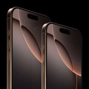 Two Apple iPhones are shown in a dark setting, displaying curved, reflective screens with a minimalist graphic. The devices have a bronze hue, showcasing sleek edges and side buttons. The Apple logo and branding appear in the bottom right corner.