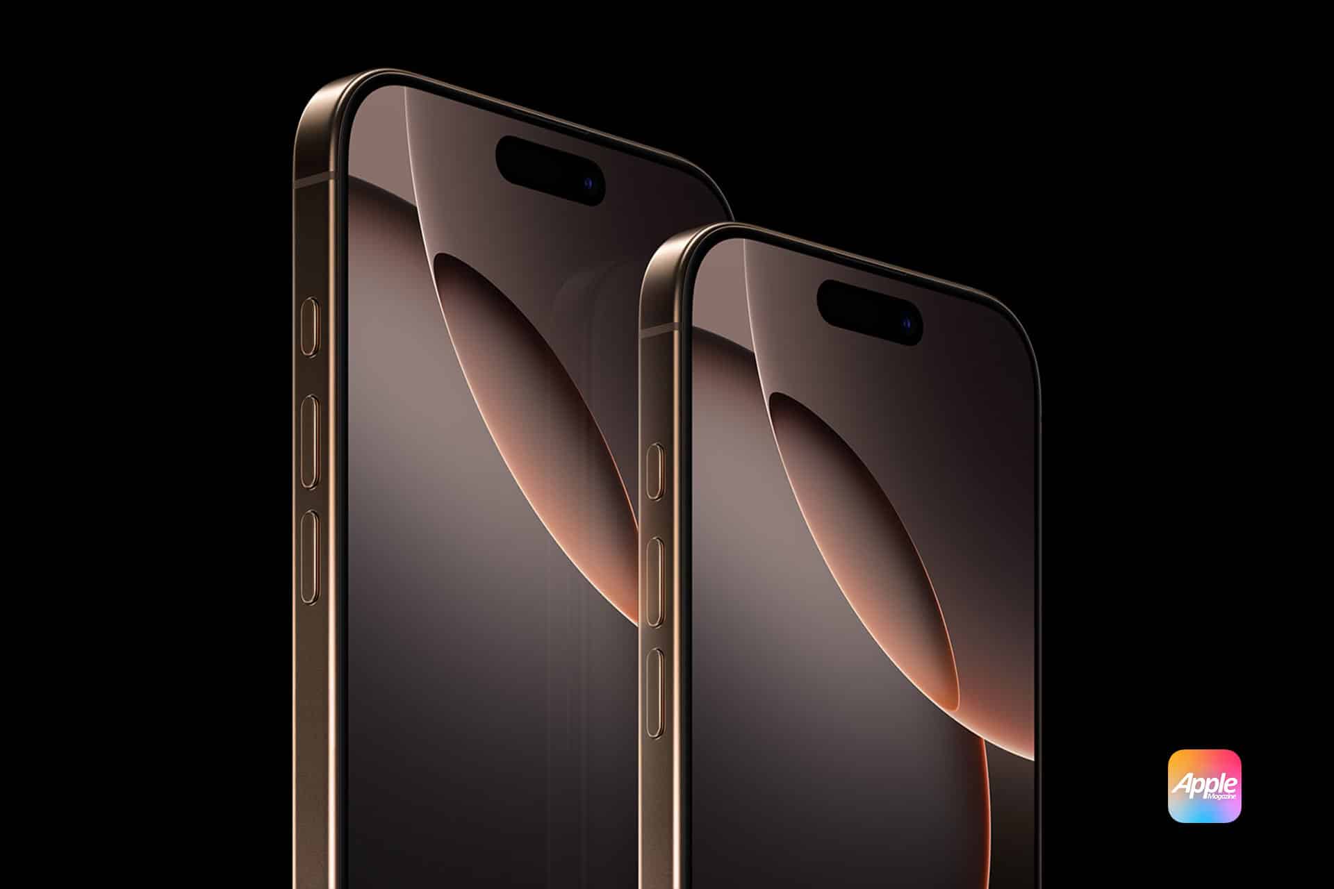 Two Apple iPhones are shown in a dark setting, displaying curved, reflective screens with a minimalist graphic. The devices have a bronze hue, showcasing sleek edges and side buttons. The Apple logo and branding appear in the bottom right corner.