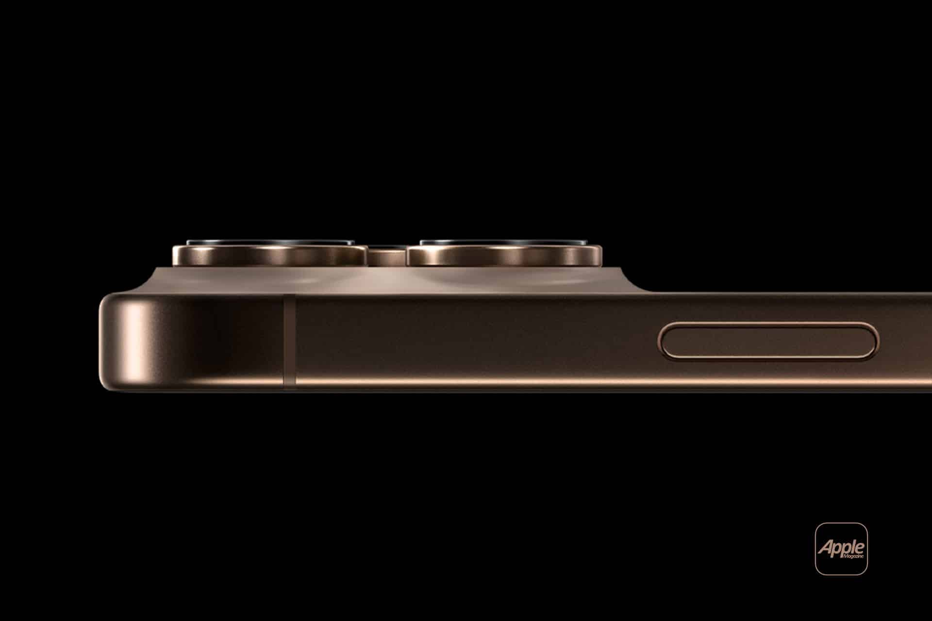 A side view of a gold-colored smartphone focusing on the camera bump and side buttons. The design emphasizes the sleek, thin profile of the device. The logo of "Apple" is visible in the bottom right corner against a black background.