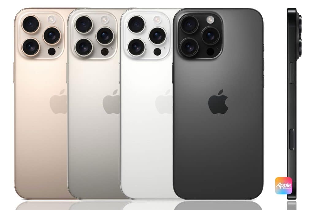 Image showing four differently colored iPhones (beige, light silver, silver, and black) displayed from the back, highlighting their triple camera setups. A side view of the black iPhone is on the far right. The AppleMagazine logo is at the bottom right.