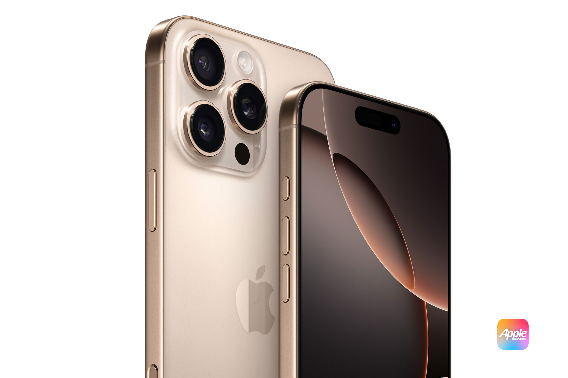 iPhone 16 Pro: A close-up view of the gold Apple iPhone 15 Pro, showcasing the front display and the back with three cameras and a LiDAR scanner. The Apple logo is visible on the back. The image also includes a small AppleMagazine logo in the bottom right corner.