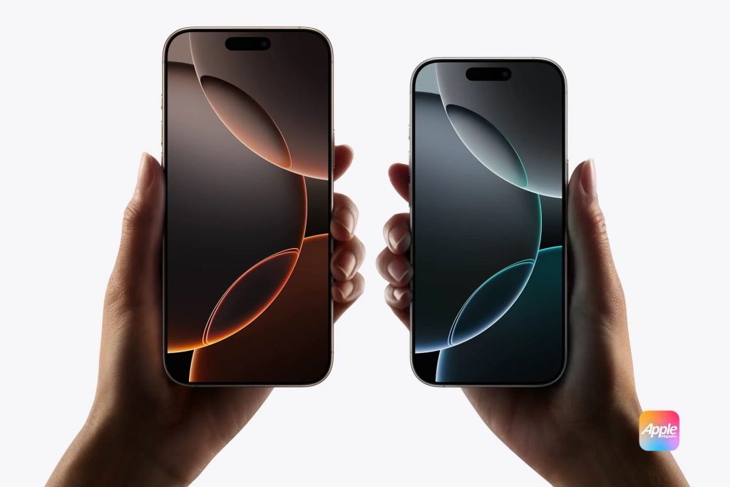 iPhone 16 Pro: Two hands holding Apple iPhones. The left shows a phone with a light and dark brown gradient wallpaper, and the right shows a phone with a teal and dark green gradient wallpaper. Both phones have a dynamic island notch at the top. The AppleMagazine logo is at the bottom right.