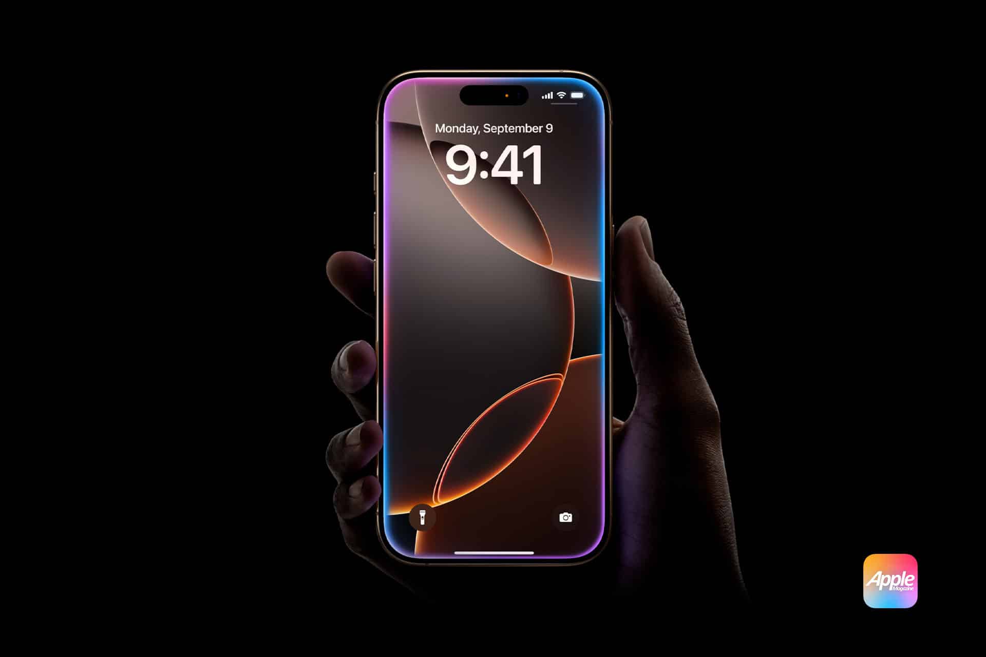 A hand holding a sleek iPhone with a dark, abstract wallpaper. The phone displays the time as 9:41 on Monday, September 9. The screen has a small notch at the top. The Apple logo is visible in the bottom right corner. The background is pitch black.