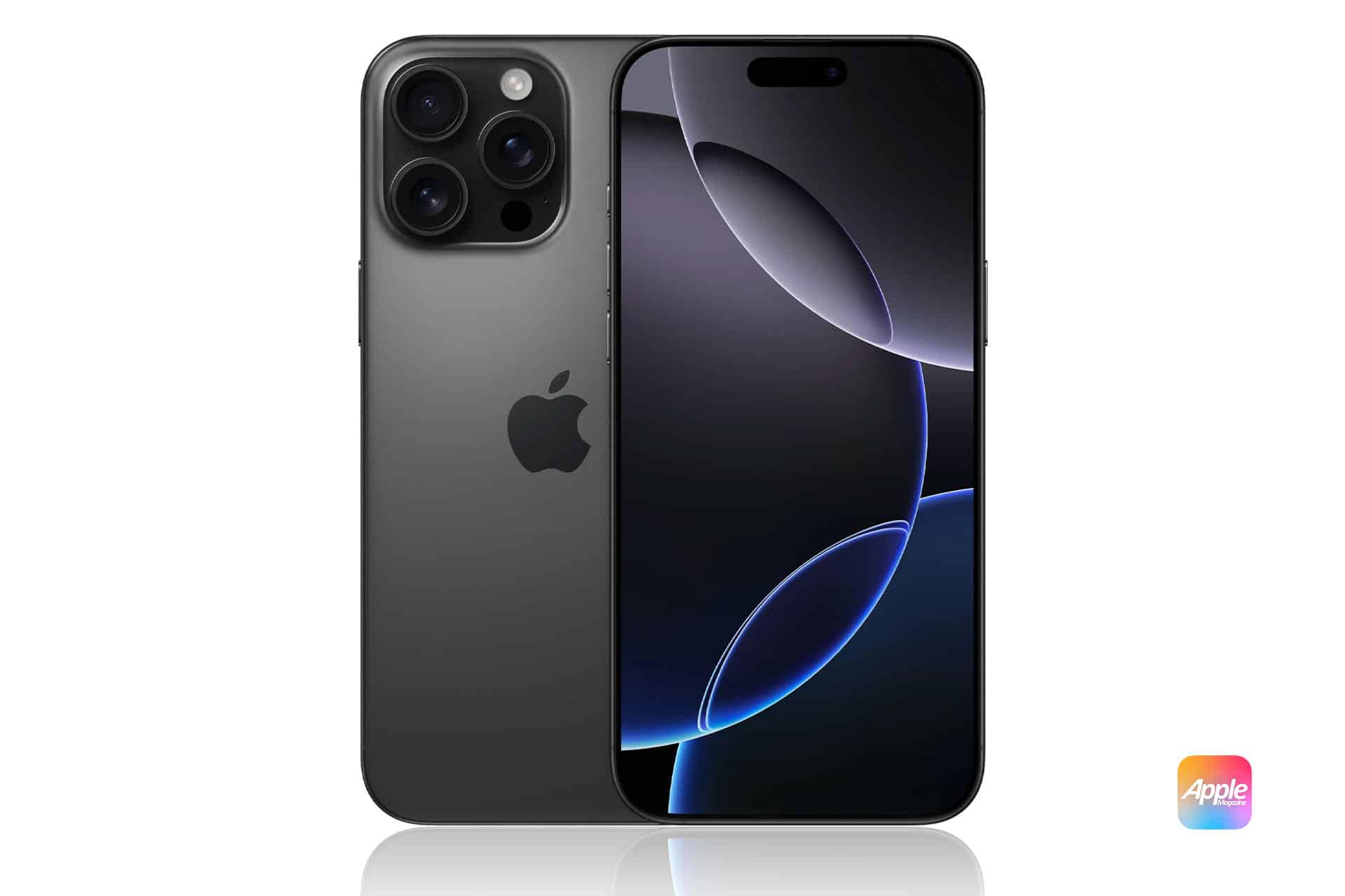 A sleek black smartphone with a large display and three camera lenses on the back. The phone is standing upright with the front and back visible. The Apple logo is centered on the back of the device. An Apple logo with a gradient design is in the bottom right corner.