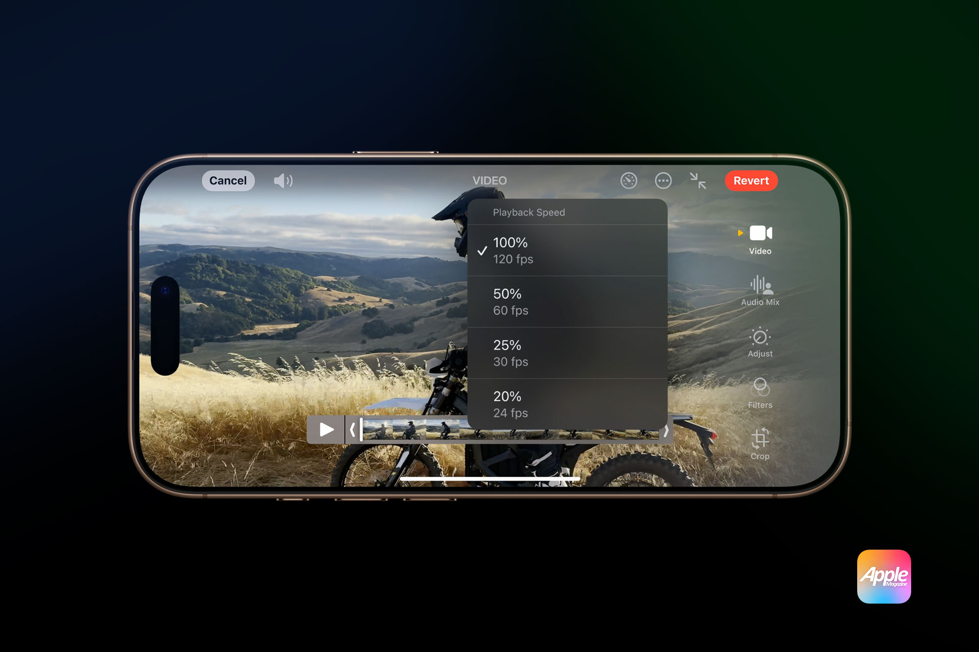 A smartphone screen displaying a video editing interface on the iPhone 16 Pro. The video shows a landscape with hills, fields, and a mountain bike. A playback speed menu overlays the video, showing options like 100% (120 fps) and 50% (60 fps). An Apple logo is at the bottom right.