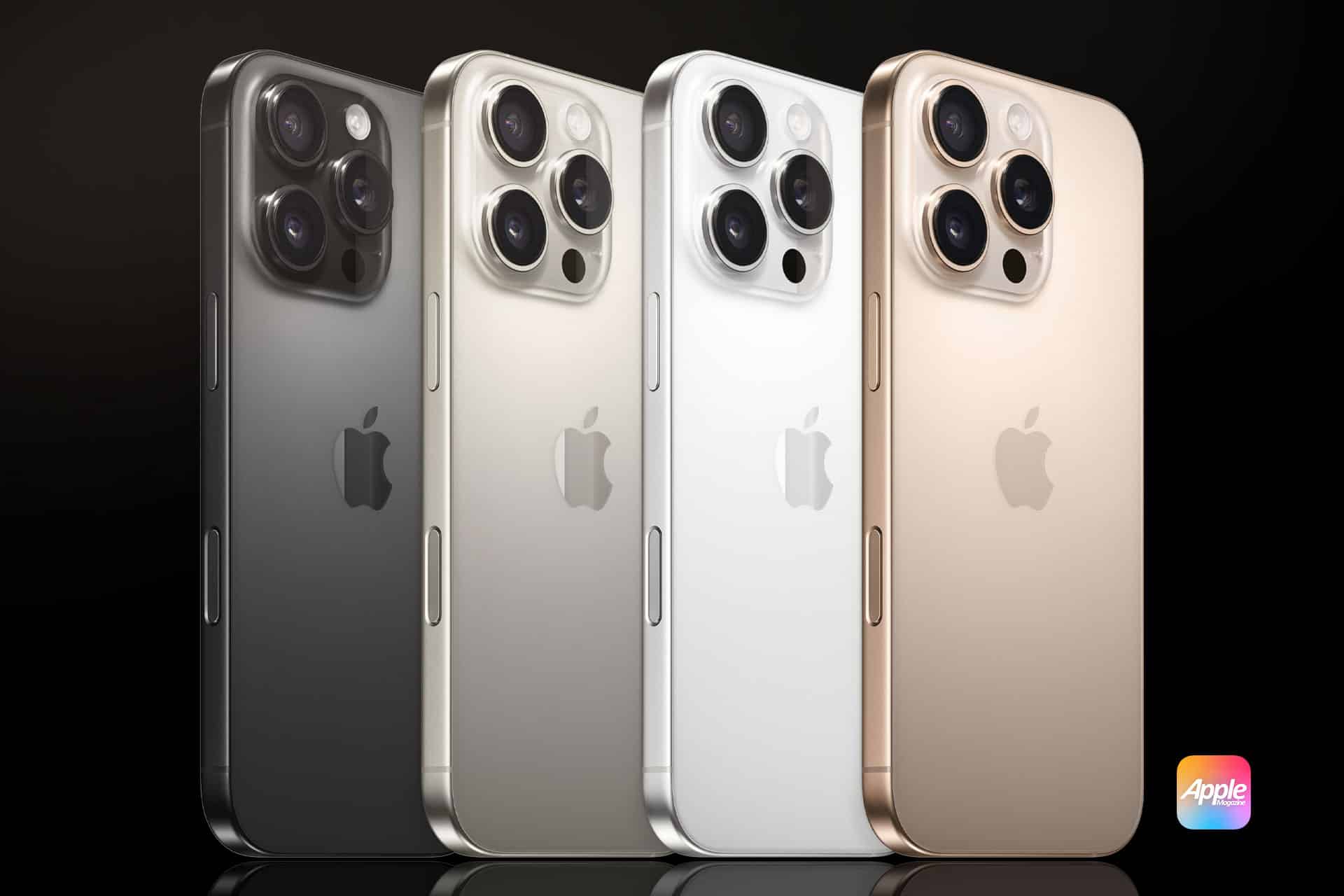 A lineup of four Apple iPhone 15 Pro models displayed against a dark background. The phones feature three rear cameras and come in black, silver, white, and gold colors. The Apple logo is visible on the back of each phone, and an Apple icon is on the bottom right.