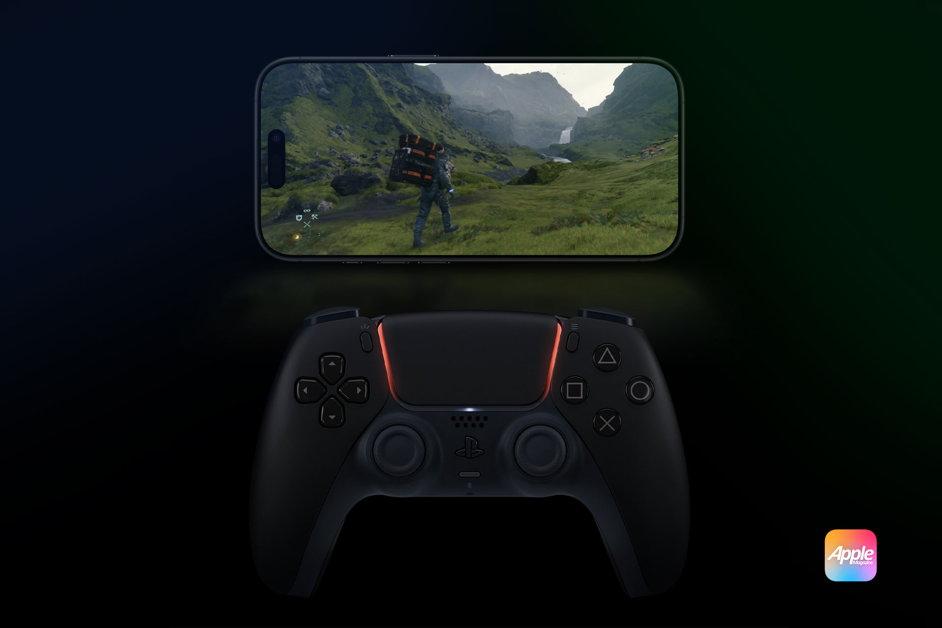 A mobile phone on top displays a video game featuring a character in a mountainous, green landscape. Below the phone is a black PlayStation controller with highlighted buttons, and an Apple logo is visible in the bottom right corner, showcasing next-gen gaming on your iPhone.