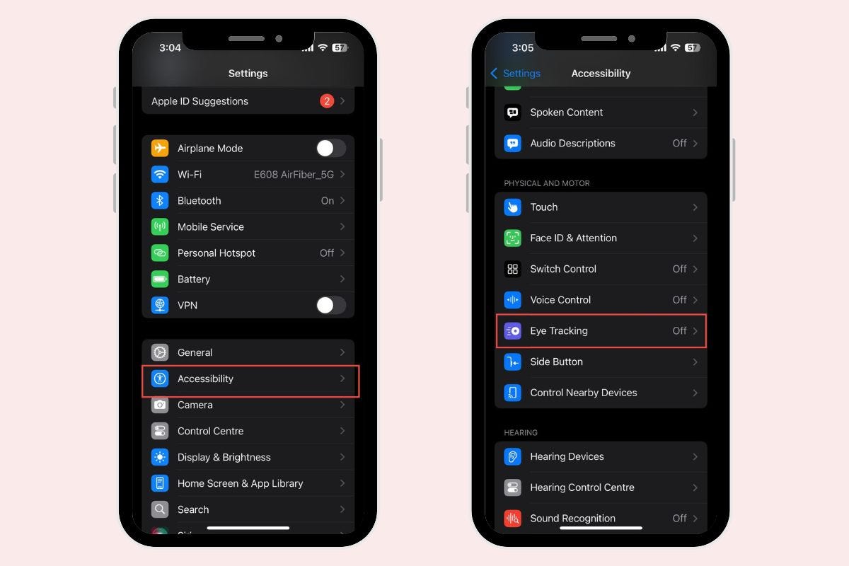 iPhone Eye Tracking: Two side-by-side smartphone screens displaying settings menus. The left screen shows a general settings menu with "Accessibility" highlighted. The right screen on an iPhone highlights "Eye Tracking" under the Accessibility menu, showing it is turned off.