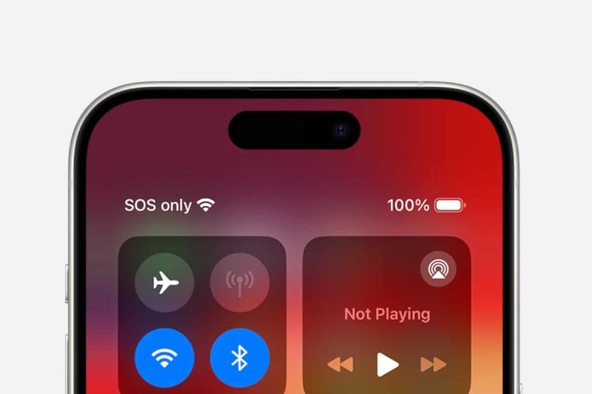 iPhone Stuck in SOS Mode: A close-up of a smartphone screen showing the control center. The screen displays icons for Airplane mode, Wi-Fi, Bluetooth, and music playback control. The status bar shows "SOS Mode," 100% battery, and strong signal strength on a red background.