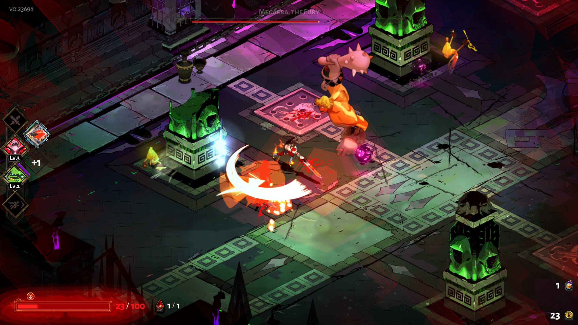 A vibrant action-packed video game scene shows a character in combat with an imposing robotic enemy. The environment is a dungeon-like temple with glowing green and purple pillars. Health and other game stats are visible on the screen, making it one of the top 5 most-played games among Mac gamers.