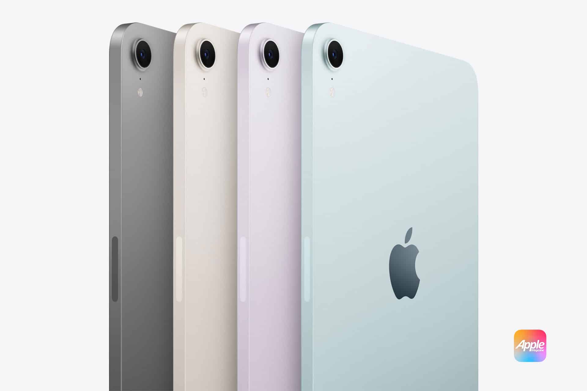 Apple iPad mini in different colors - dark gray, silver, pink, and green - are displayed upright from an angled side view. They showcase the rear cameras and Apple logos. The AppleMagazine logo is visible in the bottom right corner.