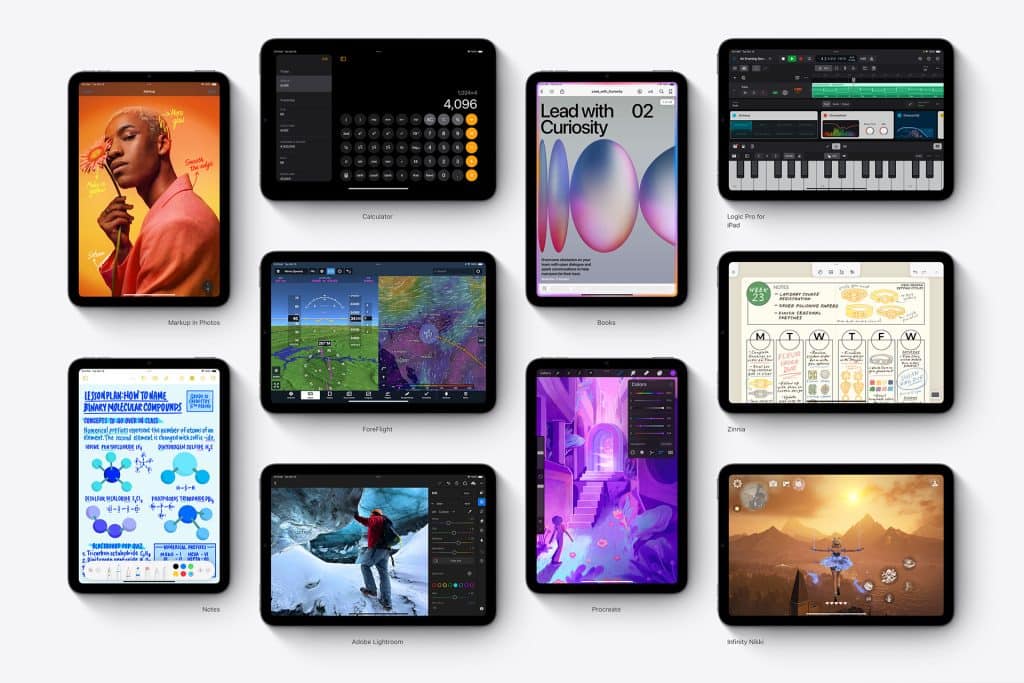 Apple iPad mini screens displaying various apps, including a music app, calculator, an open book, music mixing software, a graphic editor, drawing app, educational notes, a game, and a 3D landscape design app. | A sleek design showcasing the rumored iPad 11 with thinner bezels and enhanced display technology