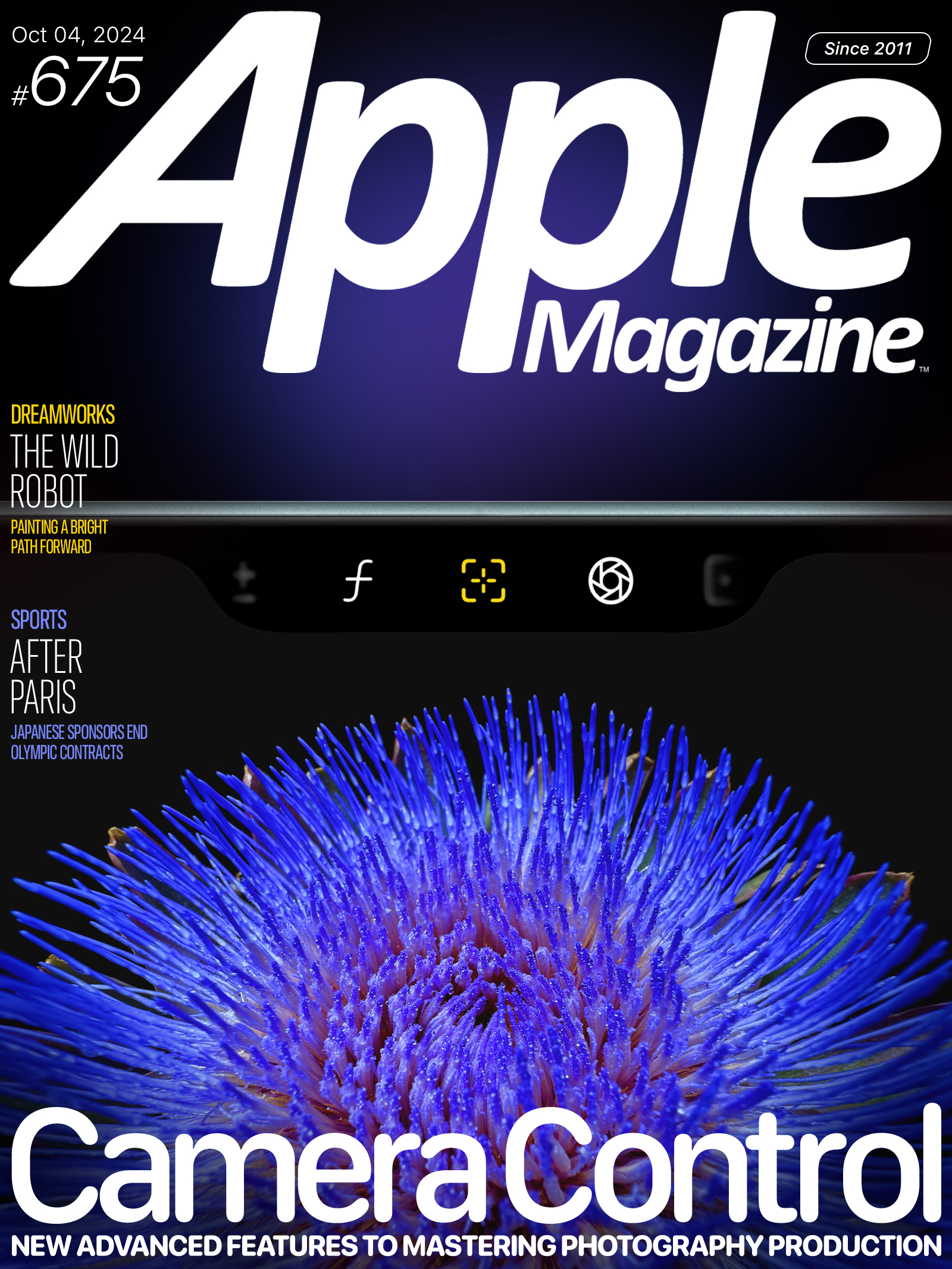 Cover of Apple Magazine issue #675 from October 4, 2024. Features a bold headline "Camera Control" with a vibrant, blue-tinted abstract image. Includes articles on DreamWorks, sports, and photography production advancements.