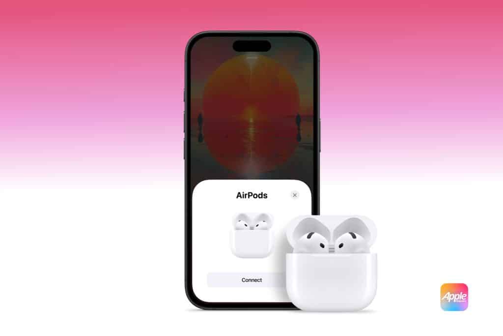 A smartphone displaying an orange sunset with silhouetted figures stands against a pink gradient background. In front, a pop-up shows AirPods ready to connect. The AppleMagazine logo is in the bottom right corner. | Image showcasing tips on how to extend iPhone battery life for better device performance.