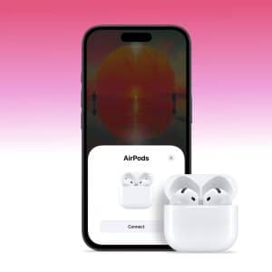 A smartphone displaying an orange sunset with silhouetted figures stands against a pink gradient background. In front, a pop-up shows AirPods ready to connect. The AppleMagazine logo is in the bottom right corner. | Image showcasing tips on how to extend iPhone battery life for better device performance.