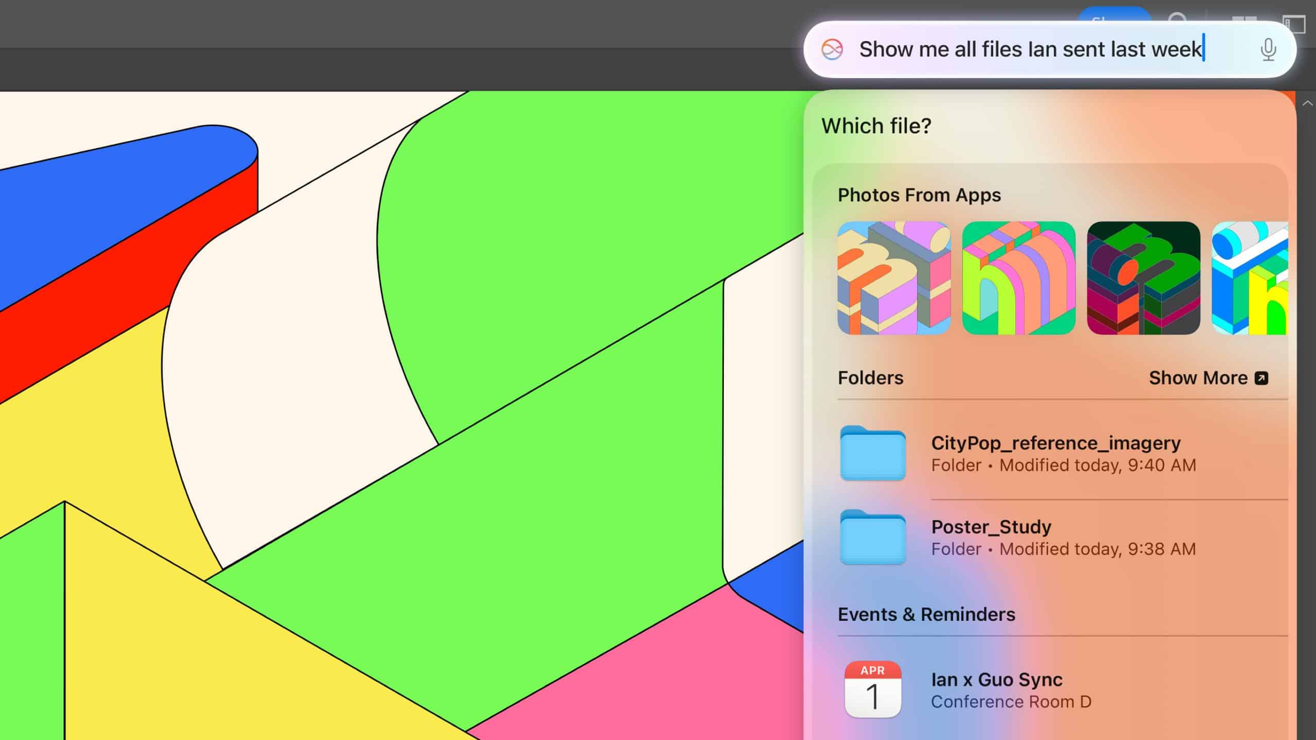 A computer screen displays a colorful geometric wallpaper on a sleek Mac mini. A search window is open, showing recent files with folders named "CityPop" and "Poster Study." An event for "Ian & Guo - Conference Room" is listed for October 1, powered by Apple’s M4 Pro Chips.