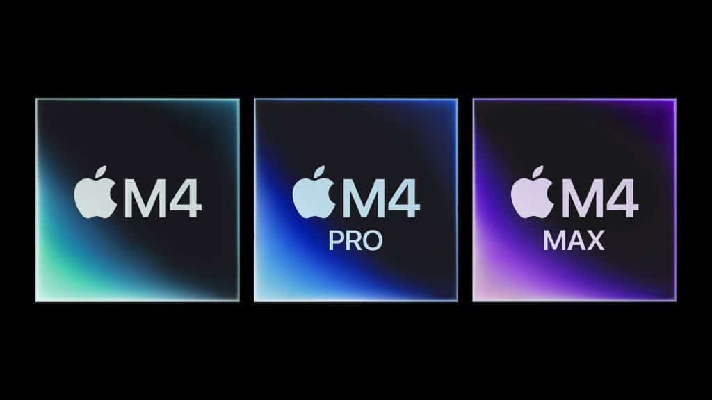 Three square images side by side on a black background, each featuring an Apple logo. The first reads "M4," the second "M4 Pro," and the third "M4 Max." Each has a gradient color - green, blue, and purple respectively. | Apple’s M4 Pro chip benchmark reveals powerful performance and efficiency for Mac users in creative and professional fields