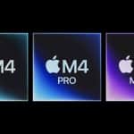 Three square images side by side on a black background, each featuring an Apple logo. The first reads "M4," the second "M4 Pro," and the third "M4 Max." Each has a gradient color - green, blue, and purple respectively. | Apple’s M4 Pro chip benchmark reveals powerful performance and efficiency for Mac users in creative and professional fields