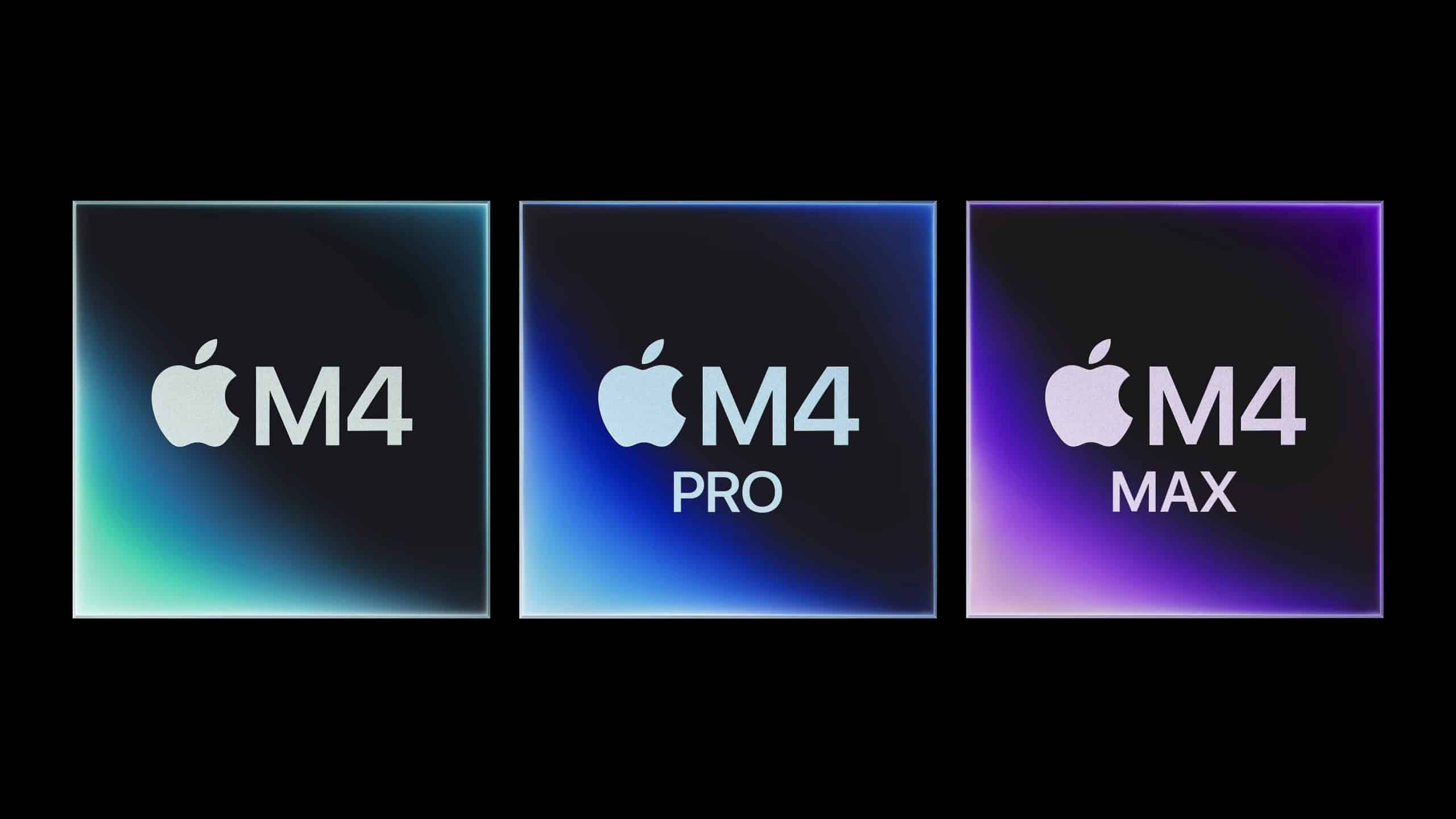 Three square images side by side on a black background, each featuring an Apple logo. The first reads "M4," the second "M4 Pro," and the third "M4 Max." Each has a gradient color - green, blue, and purple respectively.