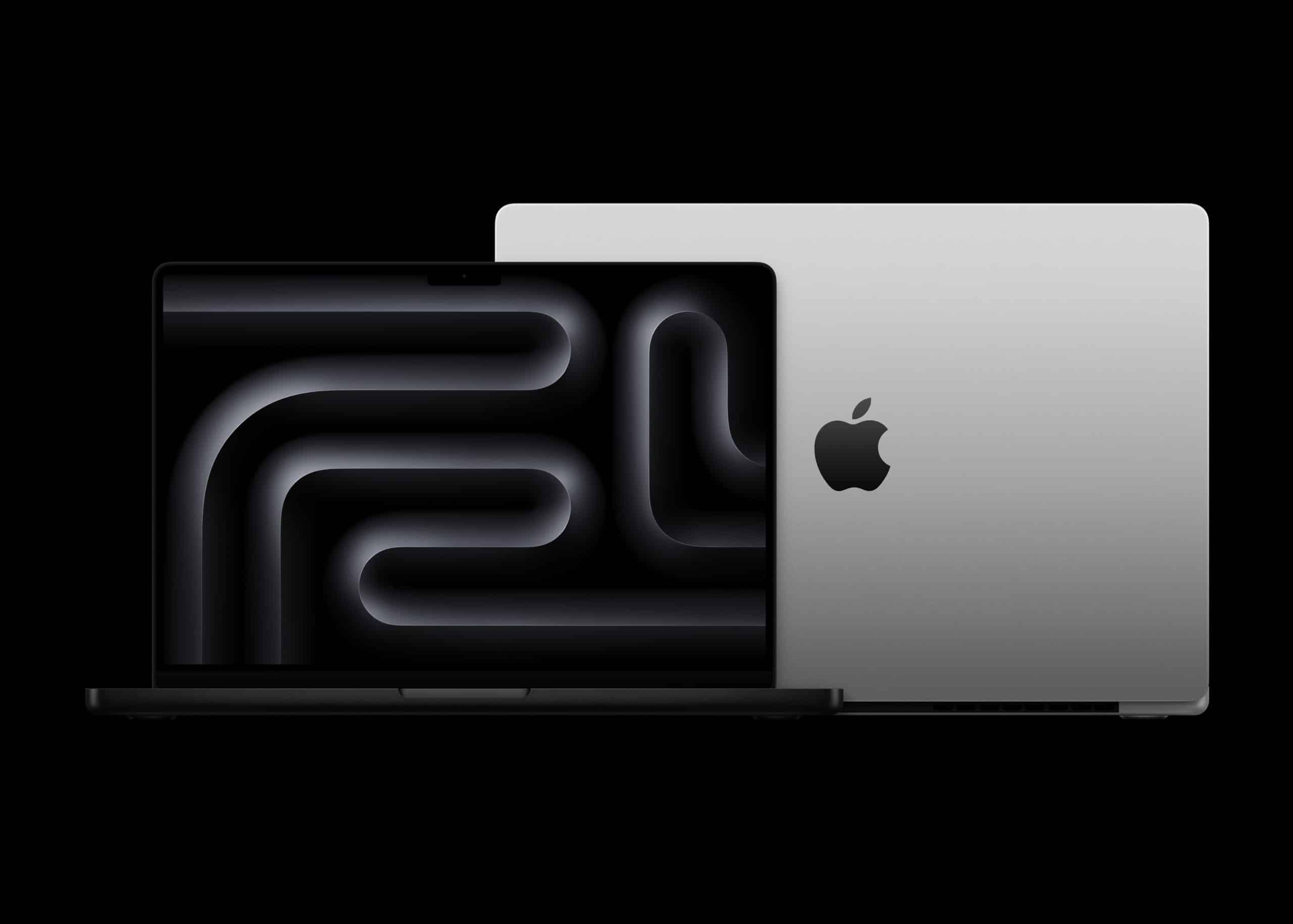 Apple MacBook Pro M4 | 16Gb RAM | 2024 with a stylized abstract design displayed on the screen. Another laptop is closed, showcasing a minimalistic logo on a matte silver finish. The background is entirely black, emphasizing the contrasting metallic textures.