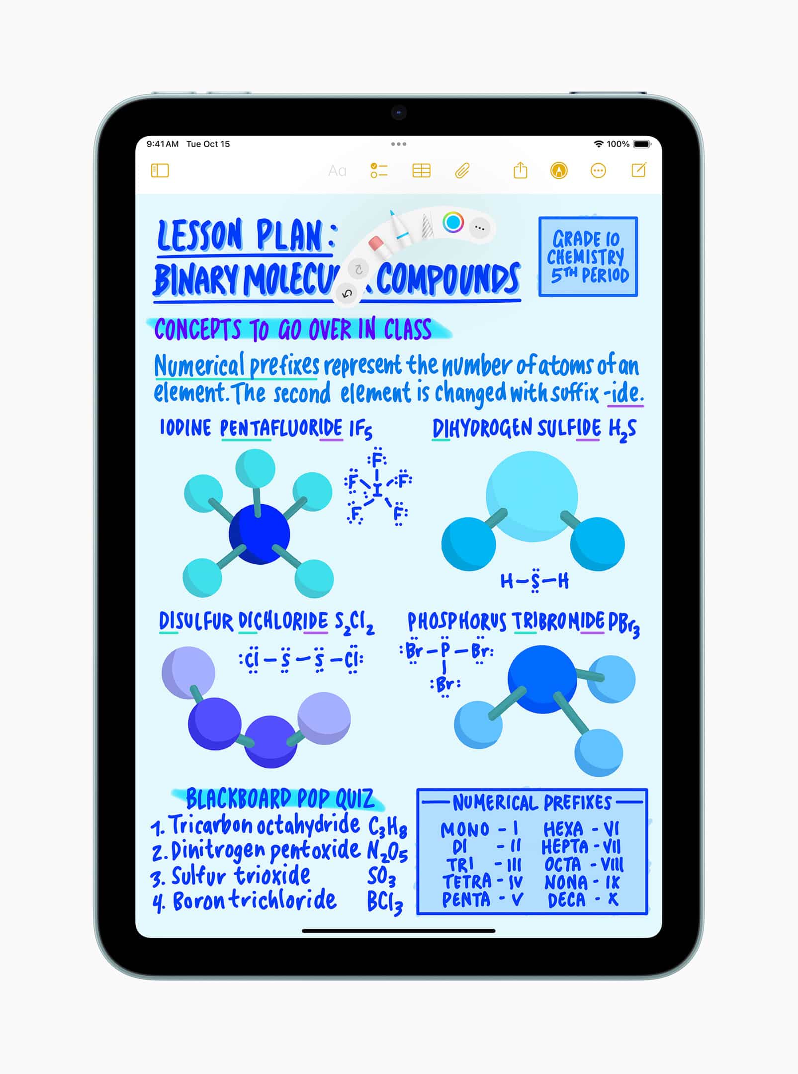 An iPad Mini displaying a chemistry lesson plan on binary molecular compounds, featuring colorful diagrams of molecules like iodine pentafluoride and disulfur dichloride. The A17 Pro Chip ensures smooth navigation through concepts, numerical prefixes, and engaging pop quiz questions.