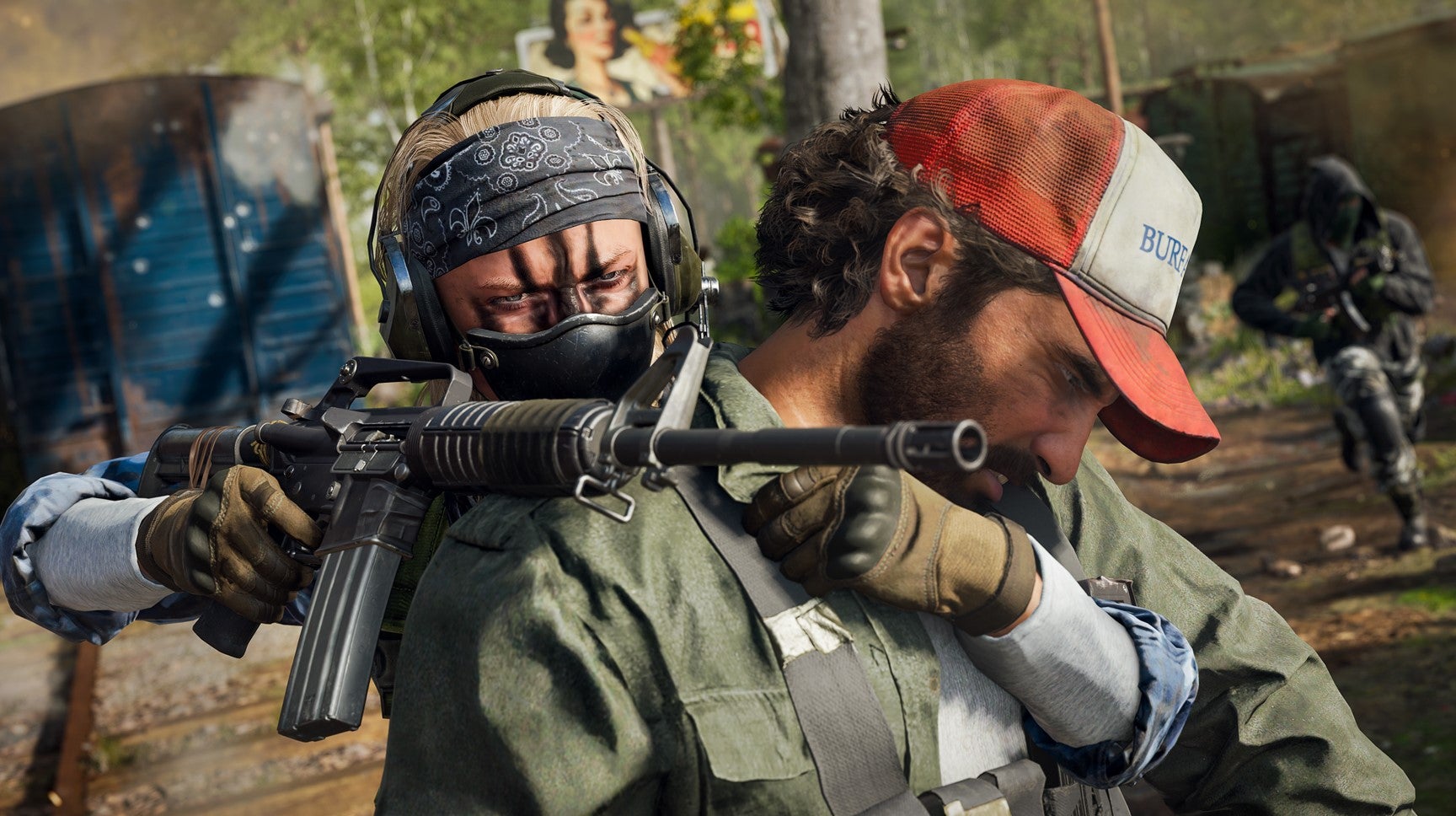 In the high-stakes world of Black Ops 6, a masked soldier in tactical gear and a bandana grips an assault rifle, aiming at a man in a red and white cap, restraining him from behind. The tense scene unfolds amid blurred vegetation with another soldier lurking in the background.