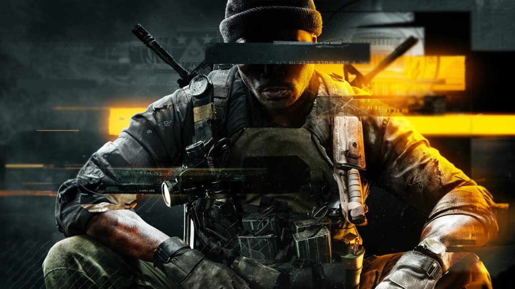 A soldier in tactical gear from Black Ops 6, wearing a helmet and seated, is holding a weapon. The image has digital glitch effects and a dark, intense color scheme, with yellow and orange lighting highlights. As the game goes live, ensure this scene is on every player's checklist to experience.