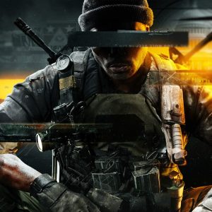 A soldier in tactical gear from Black Ops 6, wearing a helmet and seated, is holding a weapon. The image has digital glitch effects and a dark, intense color scheme, with yellow and orange lighting highlights. As the game goes live, ensure this scene is on every player's checklist to experience.