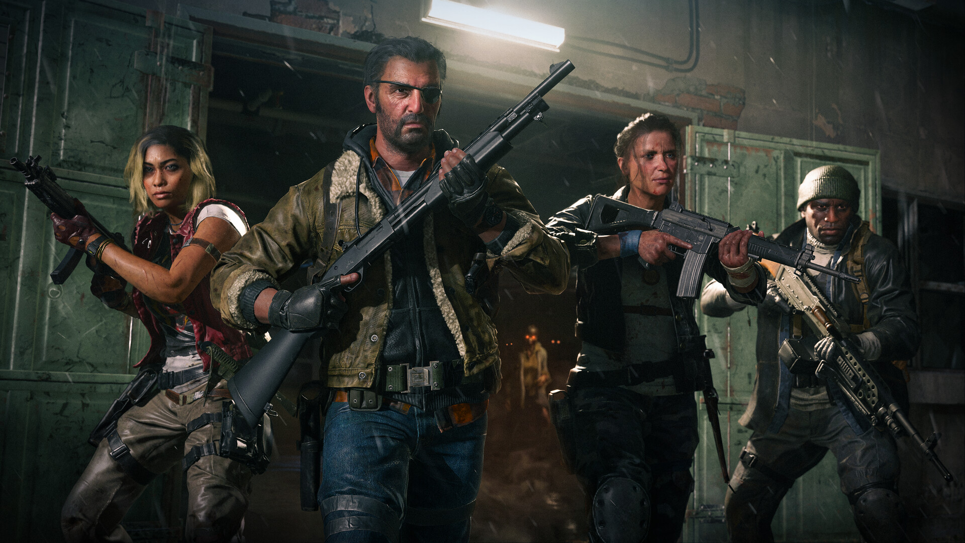 In a dimly lit, industrial setting, four armed characters from Black Ops 6 stand ready for action. Clad in tactical gear and gripping various firearms, they appear on high alert, poised for a mission. The backdrop of green metal doors and concrete walls adds to the intensity.