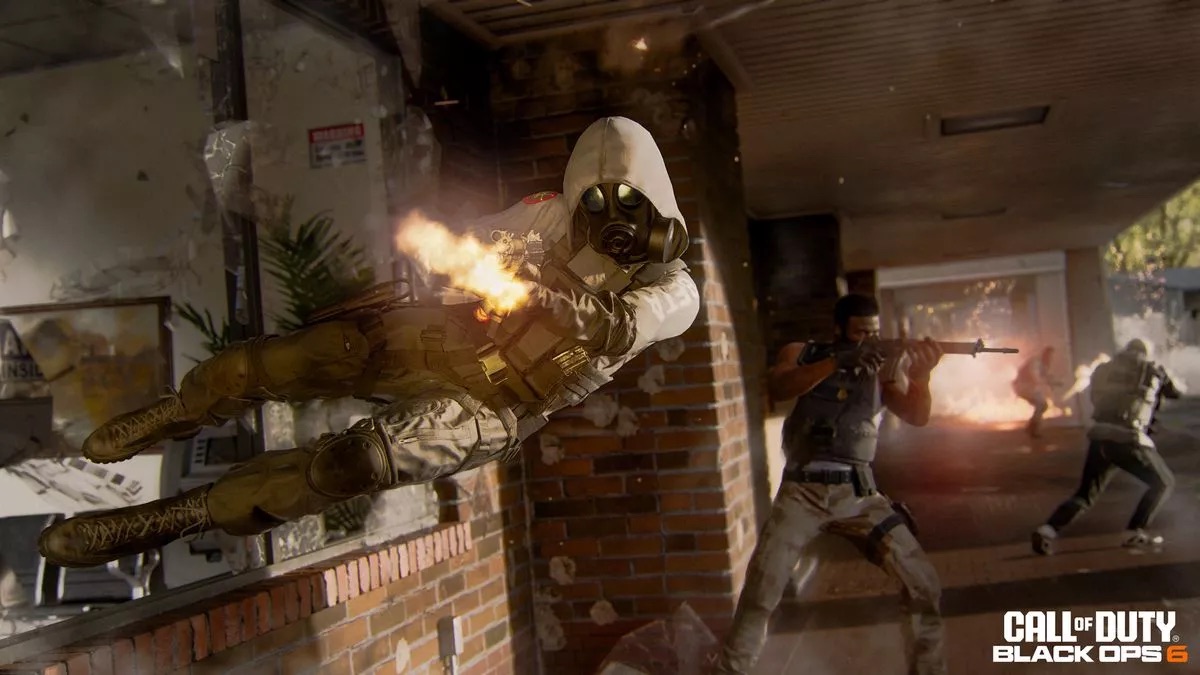 A soldier in a gas mask and white hooded jacket leaps through the air, weapon blazing, in a dilapidated building. Another aims their rifle behind him, capturing the intense action of "Black Ops 6." The iconic "Call of Duty Black Ops 6" logo anchors the scene at the bottom right corner.