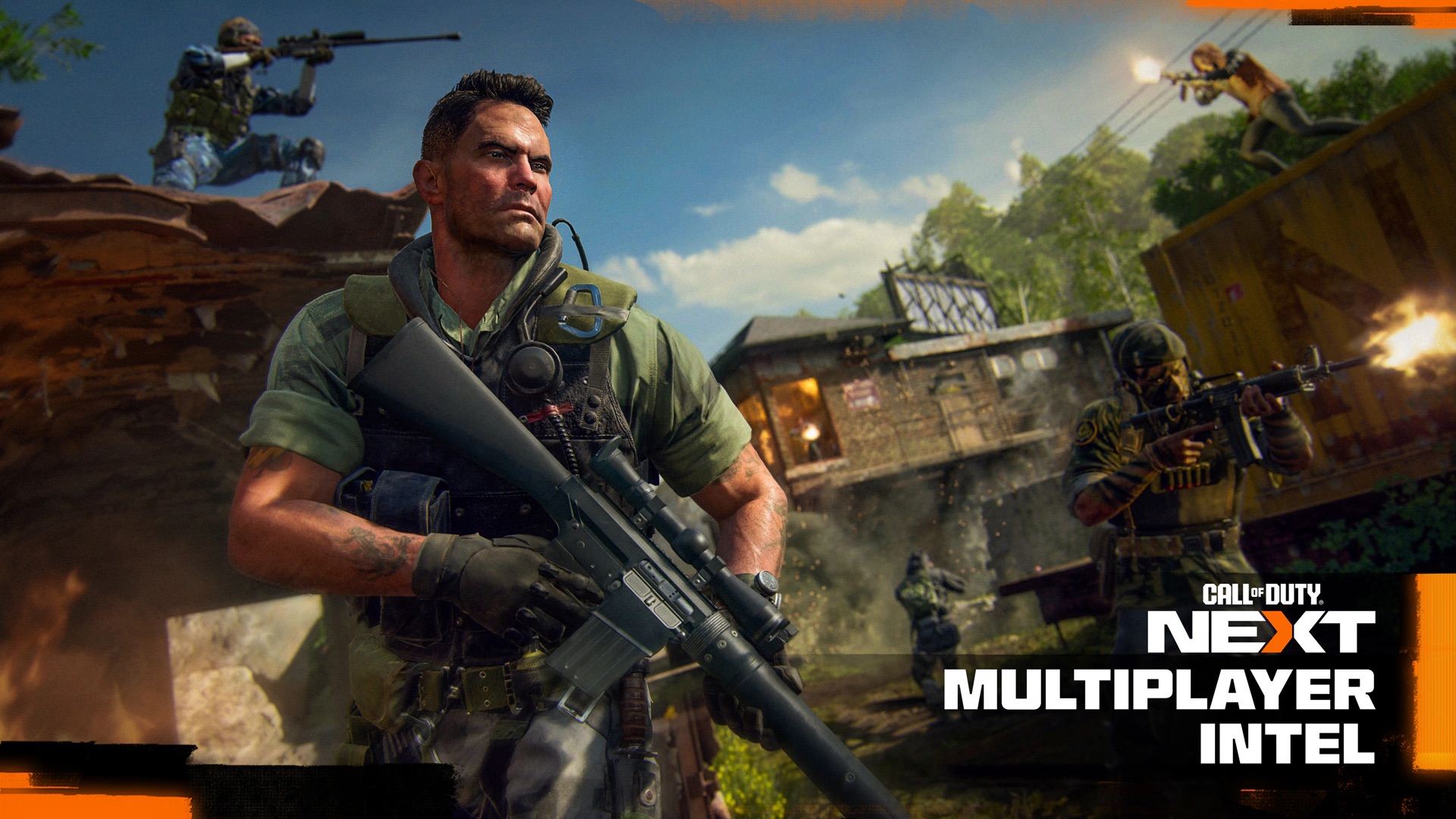 A rugged soldier holding a rifle stands at the forefront in a vibrant jungle-themed battlefield, reminiscent of "Black Ops 6." Other soldiers are seen in action, one aiming from a rooftop and another firing nearby. "Call of Duty: Next Multiplayer Intel" is displayed in the corner.