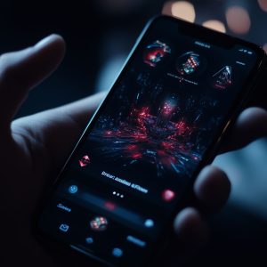 A hand holds an iOS smartphone displaying a secure casino app with futuristic, neon graphics in red and black tones. The background is blurred, creating a focused view of the screen. A subtle light source illuminates the 2024 gaming experience.