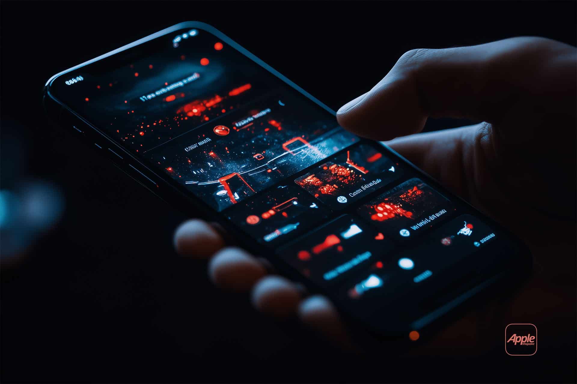 A hand holds a smartphone with a dark-themed interface displaying various multimedia options. The screen's red and black color scheme creates a futuristic look on the iOS device, where the Apple's logo is visible, showcasing the secure Casino App for 2024 in the bottom corner.