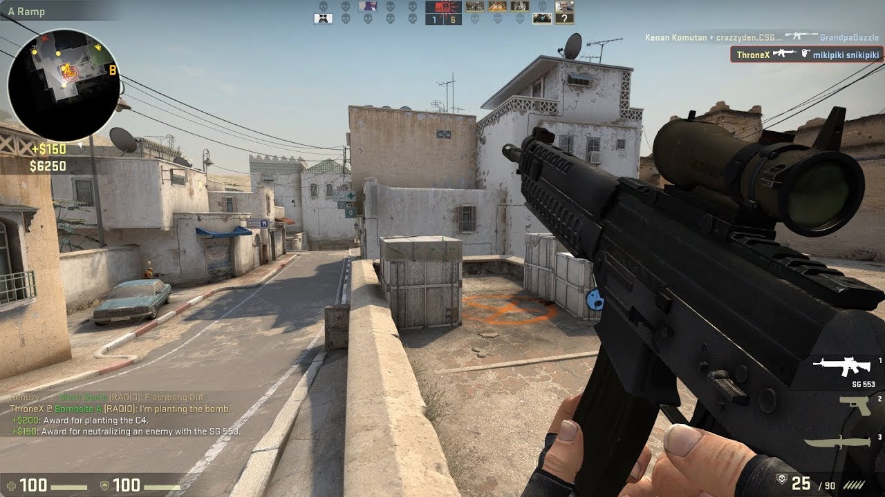 In a scene reminiscent of Counter-Strike, a player holds a scoped rifle on a rooftop, aiming down at the bustling street below. The interface displays health, ammo, and a mini-map while the left side buzzes with messages. Collecting M4A1 skins would make this urban sniper adventure complete.