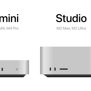 Illustration comparing two computer models: the New Mac mini with M4, M4 Pro, and "Studio" with M2 Max, M2 Ultra. The "mini" is compact and sits lower, while the "Studio" is larger with more height. Both boast a minimalist design in shades of gray.